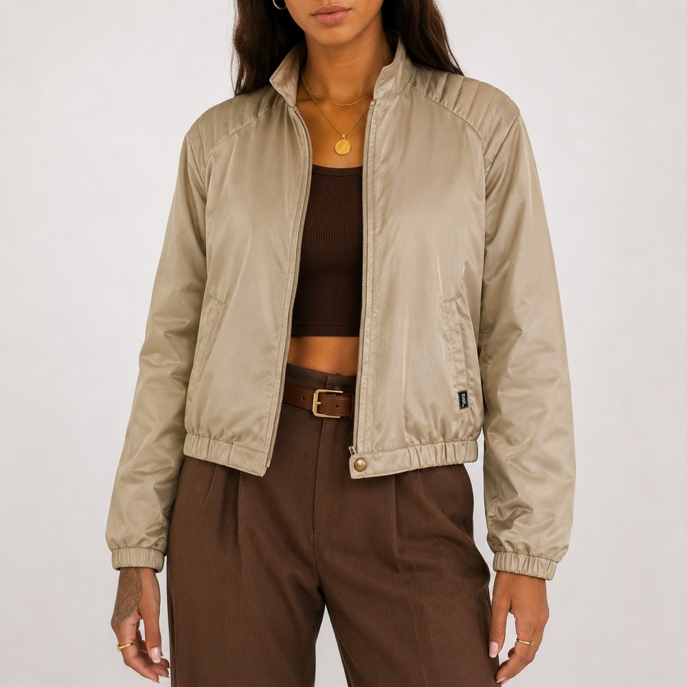 Vintage Utility Bomber Jacket Womens M Beige Zip Up Cropped 70s Stand Up Collar